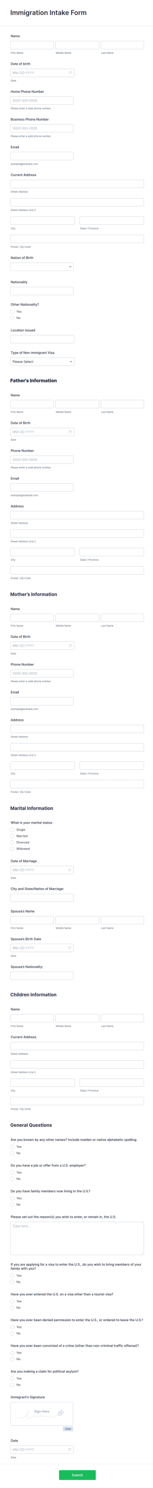 Immigration Intake Form Template