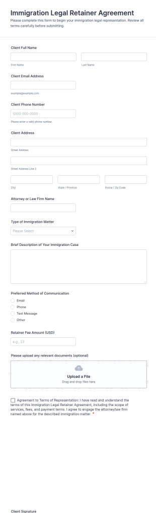 Immigration Legal Retainer Agreement Form Template