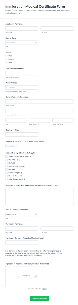 Immigration Medical Certificate Form Template