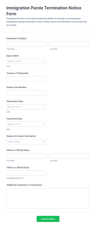 Immigration Parole Termination Notice Form Template