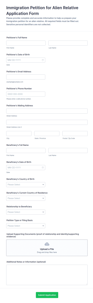 Immigration Petition For Alien Relative Application Form Template