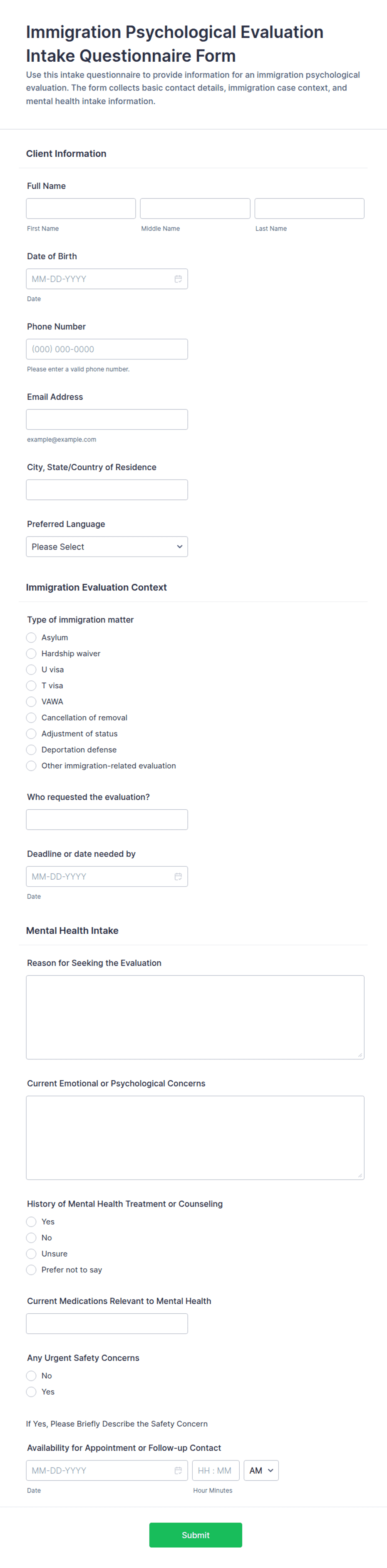 Immigration Psychological Evaluation Intake Questionnaire Form Template ...