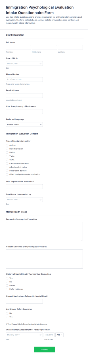 Immigration Psychological Evaluation Intake Questionnaire Form Template