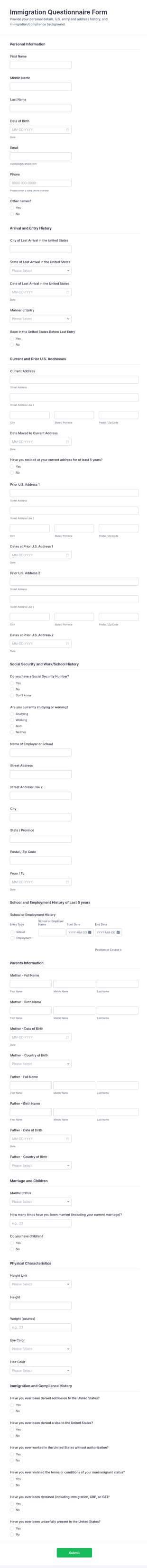 Immigration Questionnaire Form Template