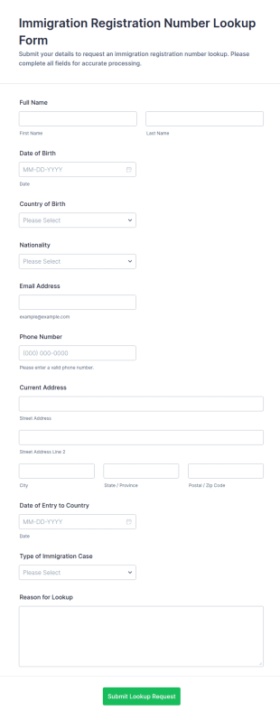 Immigration Registration Number Lookup Form Template