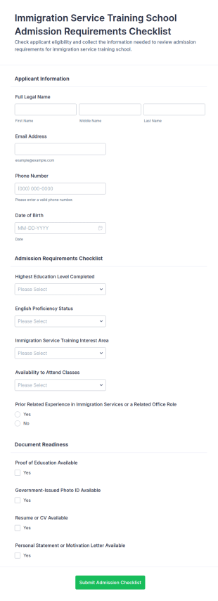 Immigration Service Training School Admission Requirements Checklist Form Template