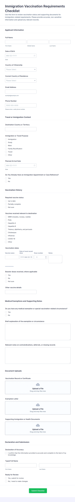 Immigration Vaccination Requirements Checklist Form Template