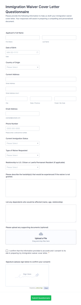 Immigration Waiver Cover Letter Questionnaire Form Template