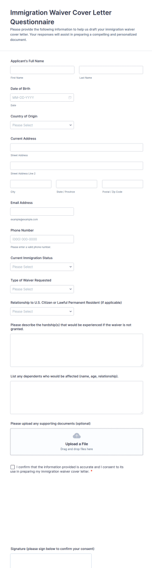 Immigration Waiver Cover Letter Questionnaire Form Template