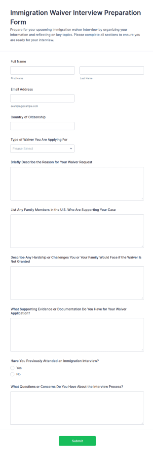 Immigration Waiver Interview Preparation Form Template