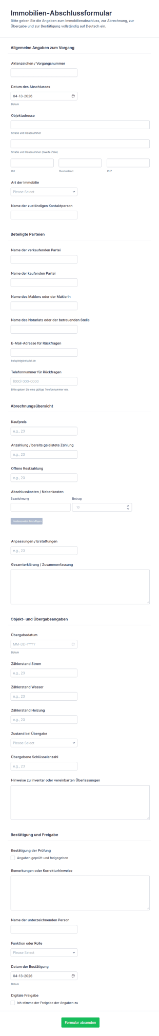 Immobilienabschluss Erklärungsformular