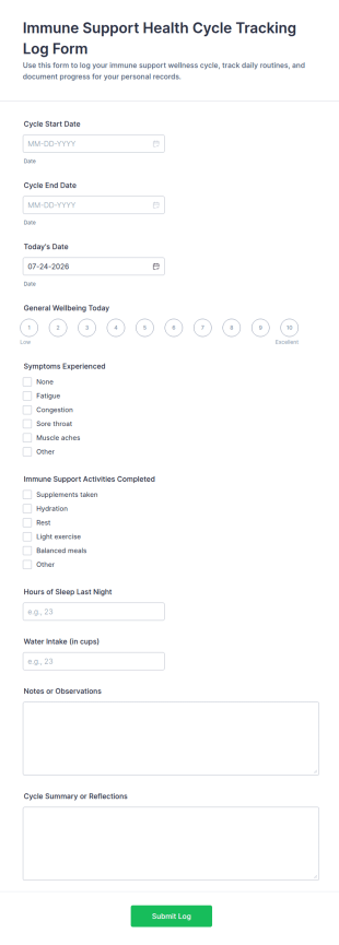 Immune Support Health Cycle Tracking Log Form Template