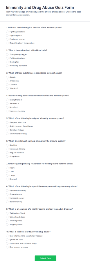 Immunity And Drug Abuse Quiz Form Template
