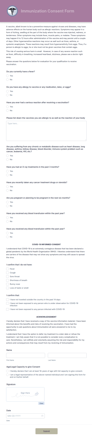 Immunization Consent Form Template