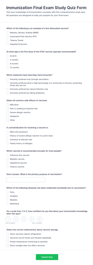 Immunization Final Exam Study Quiz Form Template