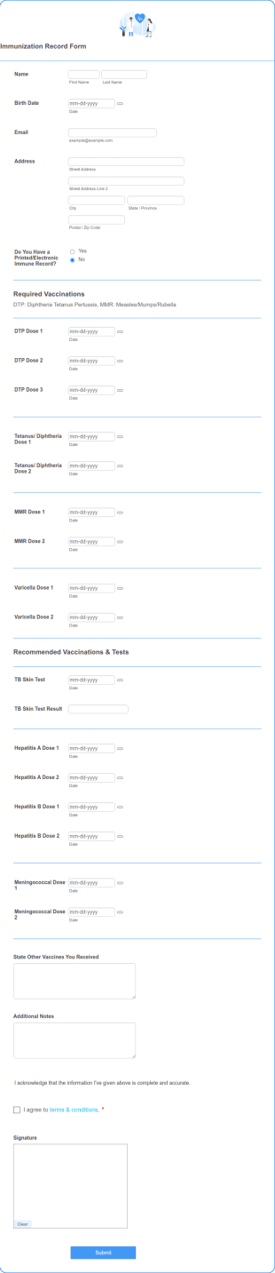 Immunization Record Form Template