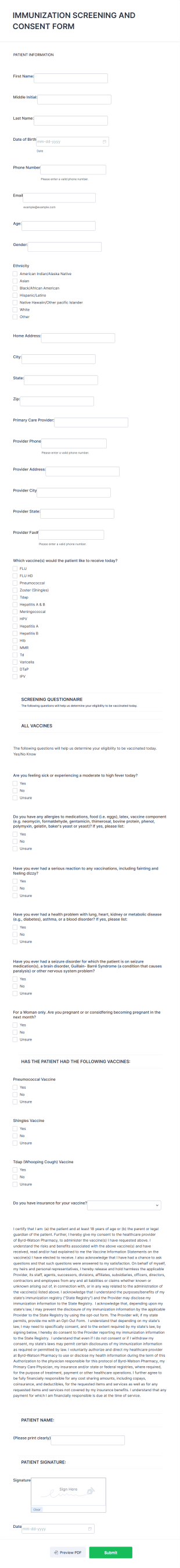 Immunization Screening And Consent Form Template