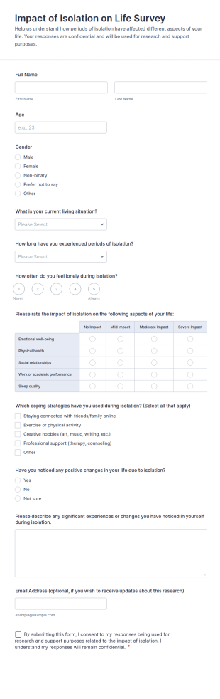 Impact Of Isolation On Life Survey Form Template