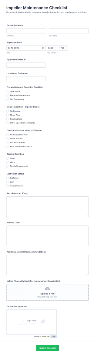 Impeller Maintenance Checklist Form Template