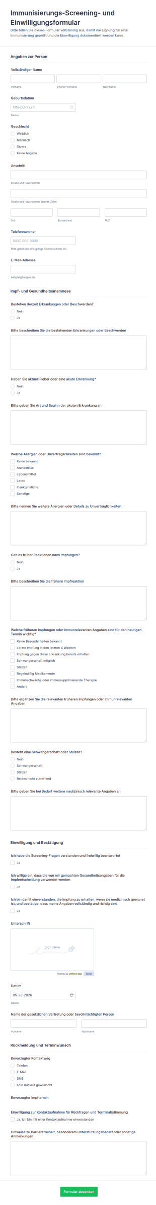 Impfstatus Und Einwilligungsformular