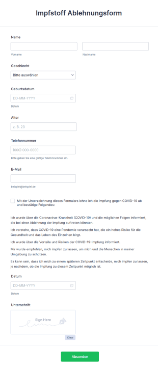 Impfstoff Ablehnungsform