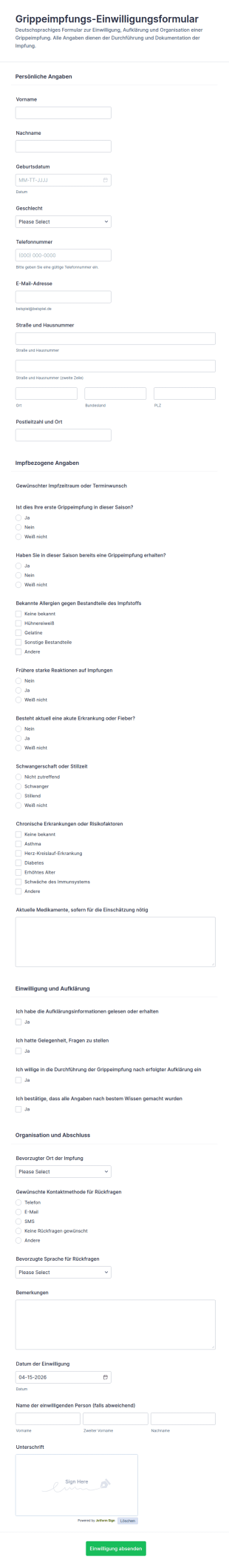 Impfstoff Einwilligungsformular Für Die Grippeschutzimpfung