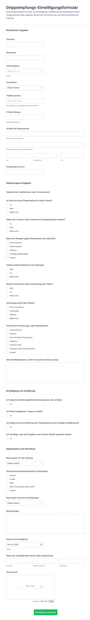 Impfstoff Einwilligungsformular Für Die Grippeschutzimpfung