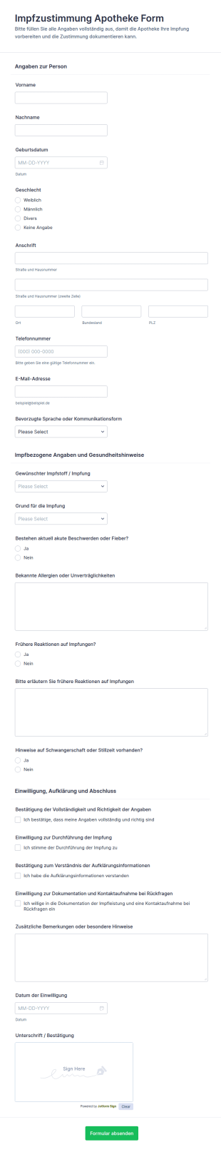 Impfzertifizierung Apothekenformular