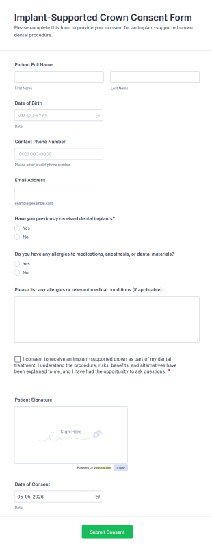 Implant Supported Crown Consent Form Template