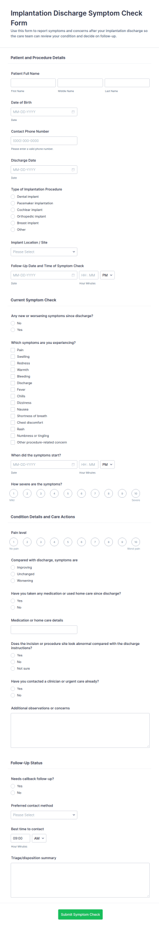 Implantation Discharge Symptom Check Form Template