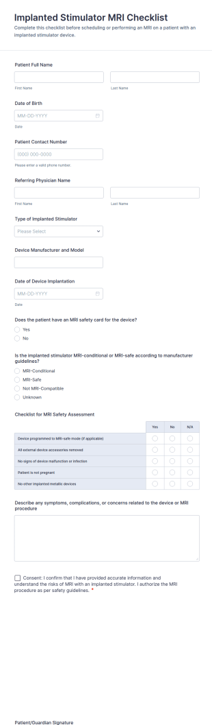 Implanted Stimulator MRI Checklist Form Template