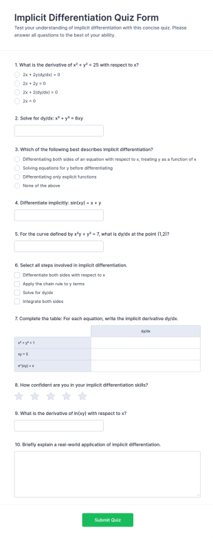 Implicit Differentiation Quiz Form Template