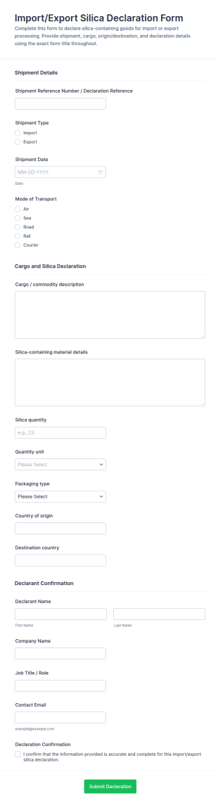 Import/Export Silica Declaration Form Template