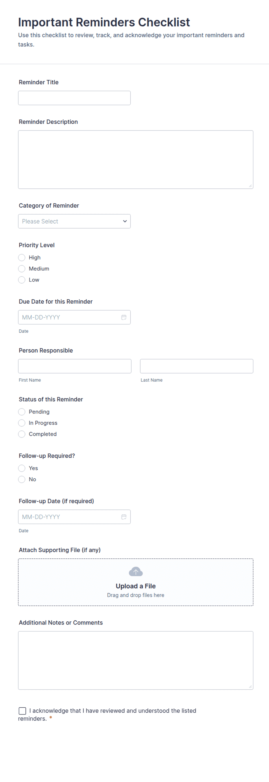 Important Reminders Checklist Form Template | Jotform