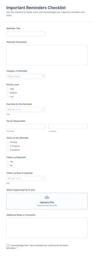 Important Reminders Checklist Form Template