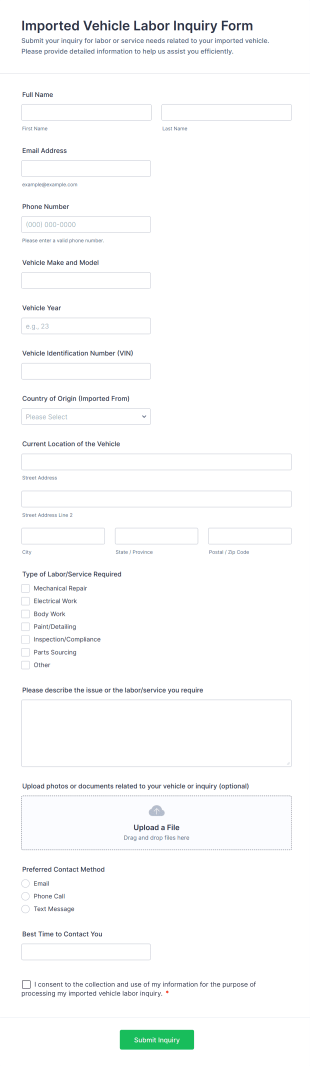 Imported Vehicle Labor Inquiry Form Template