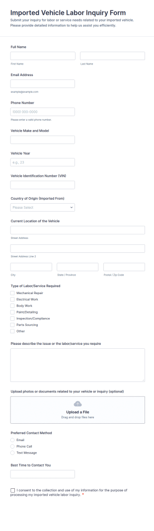 Imported Vehicle Labor Inquiry Form Template