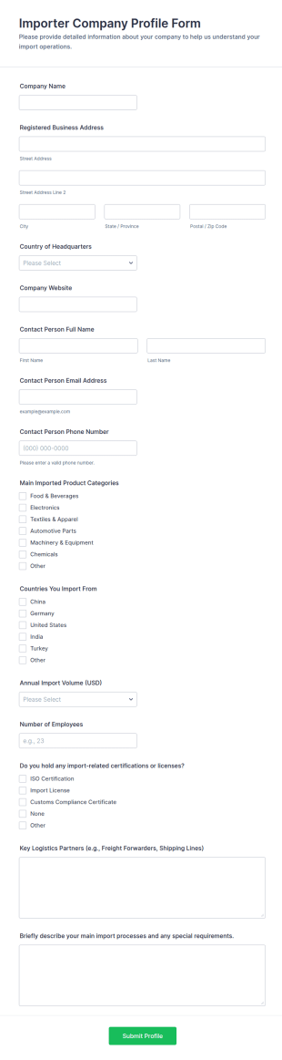 Importer Company Profile Form Template
