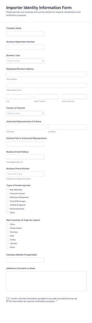 Importer Identity Information Form Template