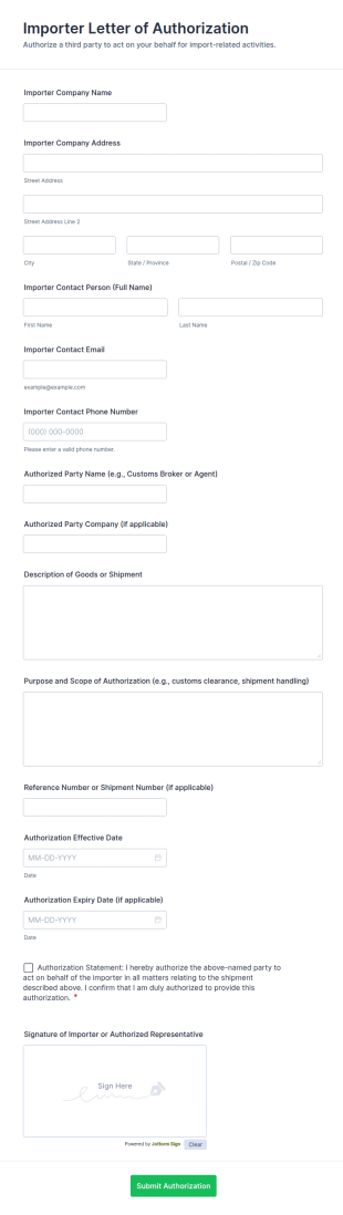 Importer Letter Of Authorization Form Template