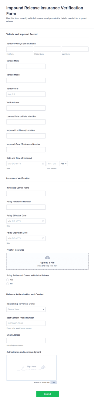 Impound Release Insurance Verification Form Template
