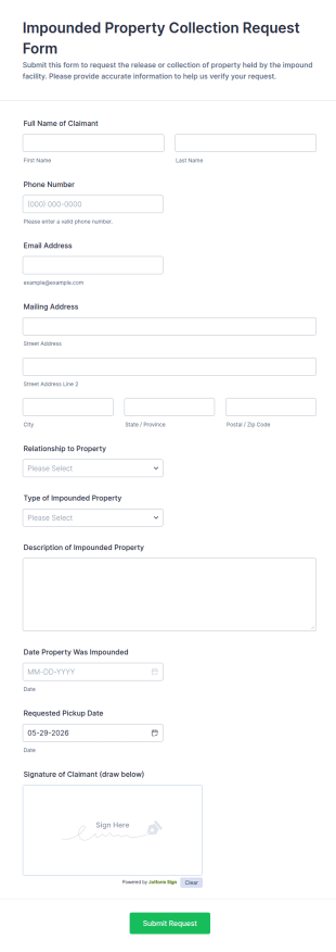 Impounded Property Collection Request Form Template