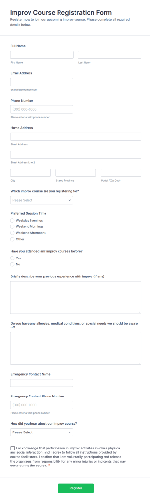 Improv Course Registration Form Template