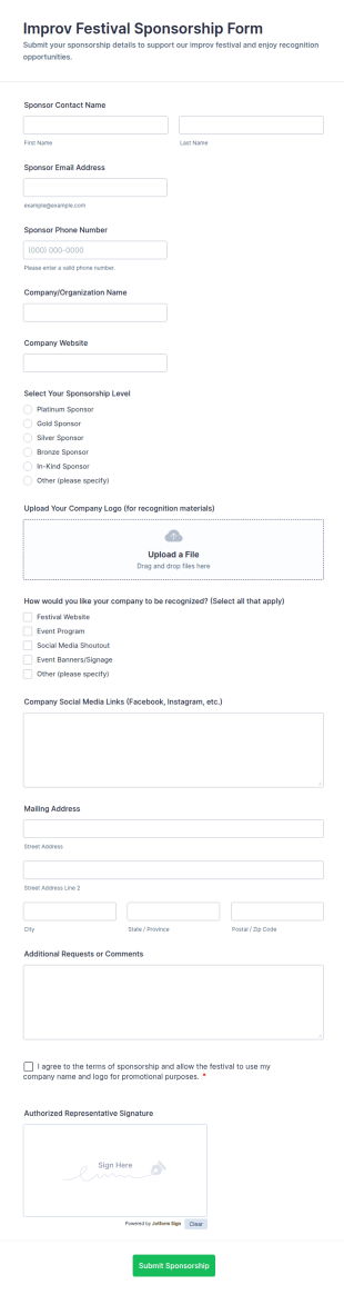 Improv Festival Sponsorship Form Template