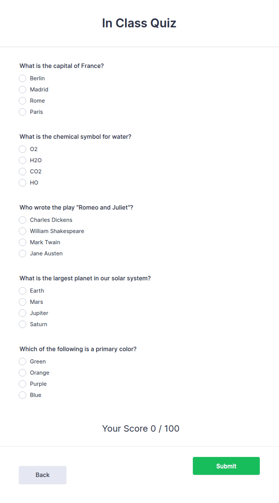 In Class Quiz Form Template | Jotform