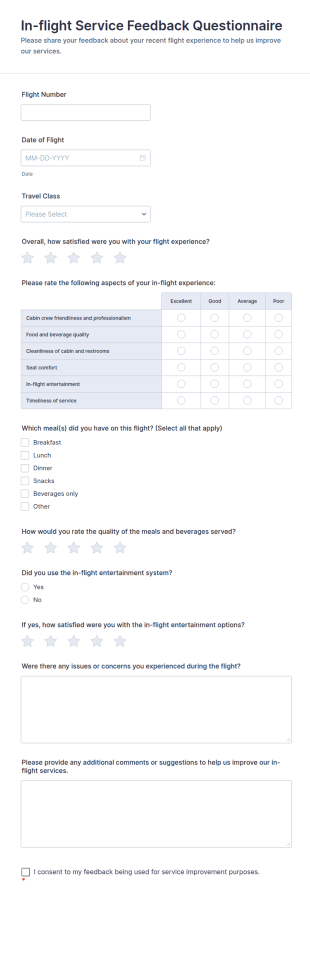 In Flight Service Feedback Questionnaire Form Template
