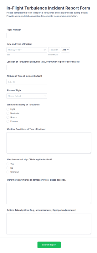 In Flight Turbulence Incident Report Form Template