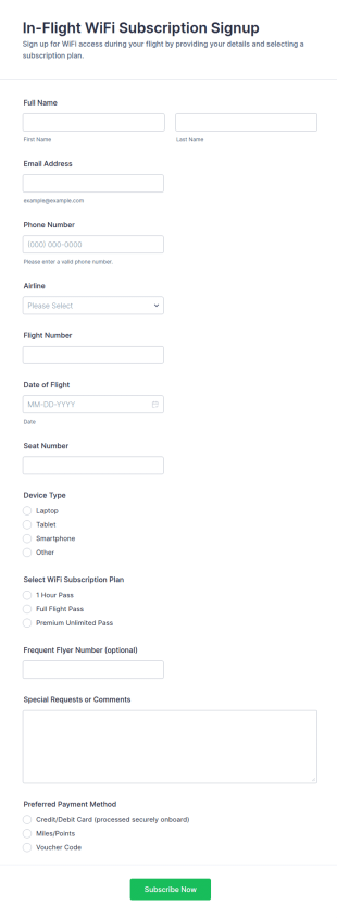 In Flight WiFi Subscription Signup Form Template
