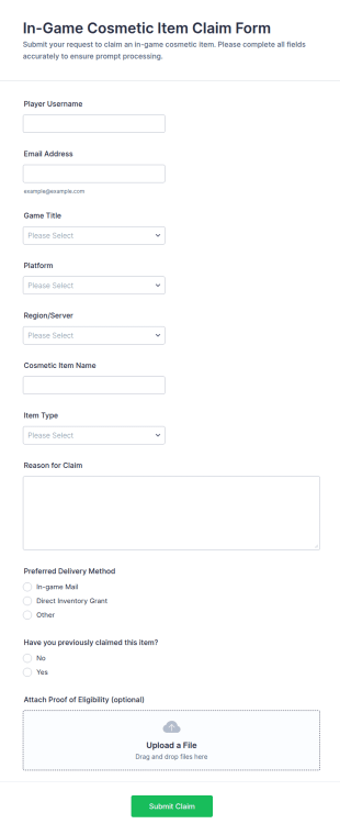 In Game Cosmetic Item Claim Form Template