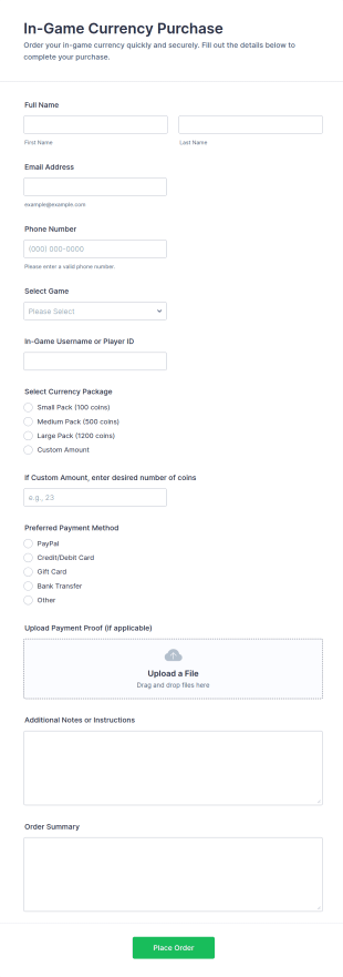 In Game Currency Purchase Form Template